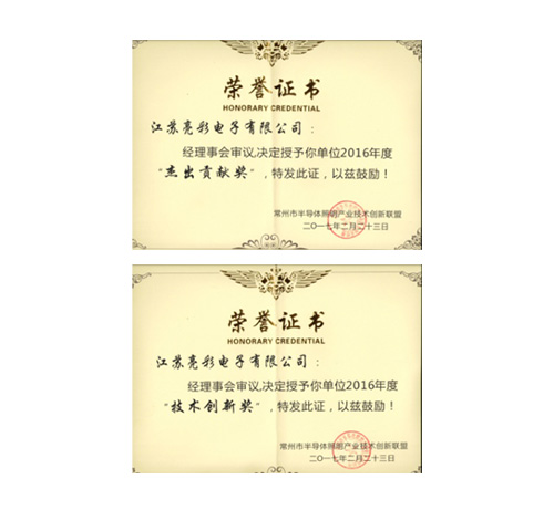 榮獲常州市半導體照明產業技術 創新聯盟頒發的“杰出貢獻獎”、 “協助獎”以及“年度先進個人獎”